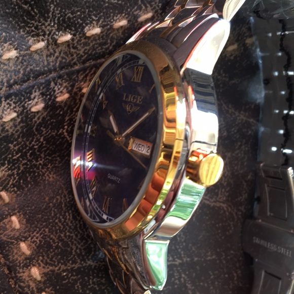 LIGE 1853 dream watch 42mm blue burst dial day date wristwatch NWOT - Picture 6 of 10